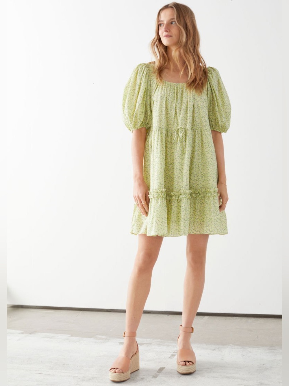 & Other Stories Pale Green Floral Puff-Sleeve Mini Dress
